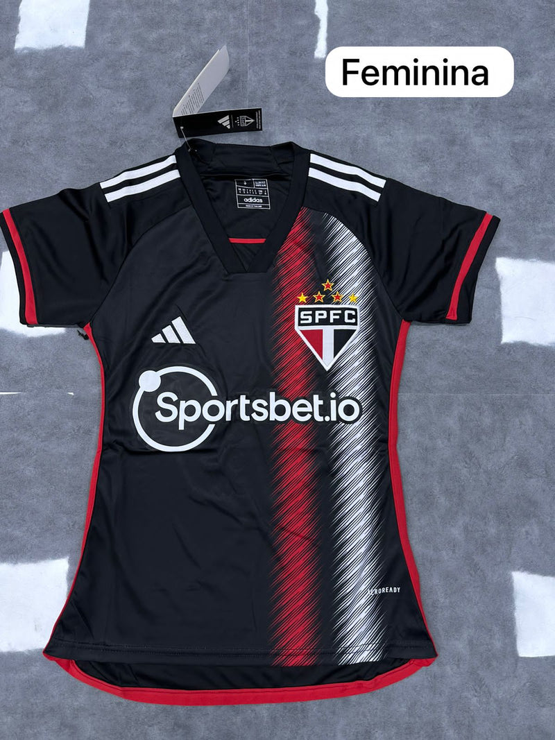 Camisa Feminina São Paulo preta Tecido Tailandês modelo 2023/2024